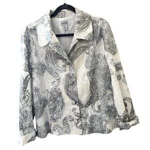 Chico’s 3 Jacket Cream White Silver Paisley Rayon Silk Button Up Artsy Classic